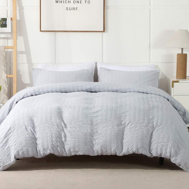 AveLom Light Gray Duvet Cover Cal King(104 x 98 inches), 3 Pieces (1 Duvet Cover, 2 Pillowcases), Seersucker Striped Soft Washed Microfiber, Textured Duvet Cover Set with Zipper Closure, Corner Ties - Image 1